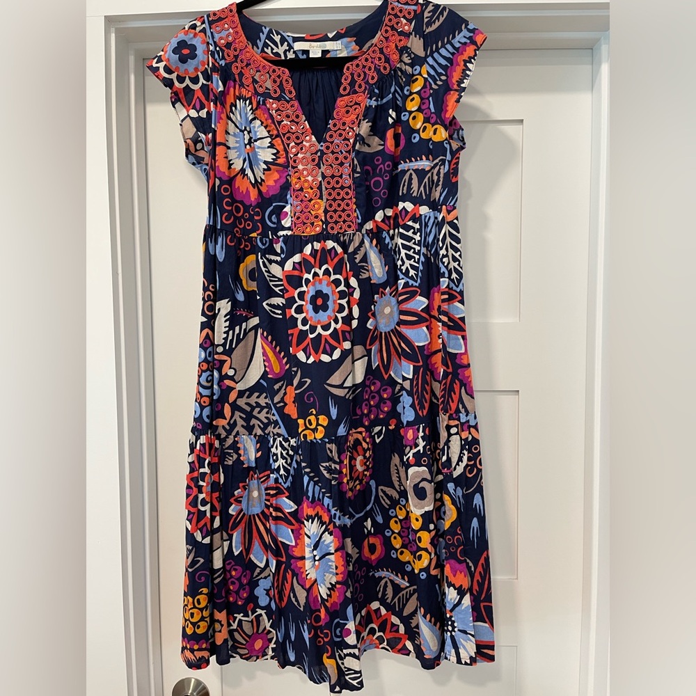 Boden Navy Cotton Dress with Multicolor Floral Print and Embroidered Trim